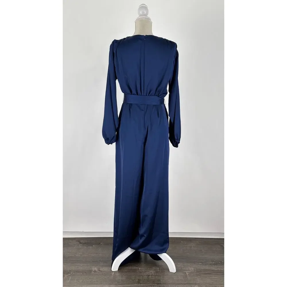 Ann Taylor V Neck Long Sleeve Satin Jumpsuit Deep Ocean Blue Womens Size 8 New